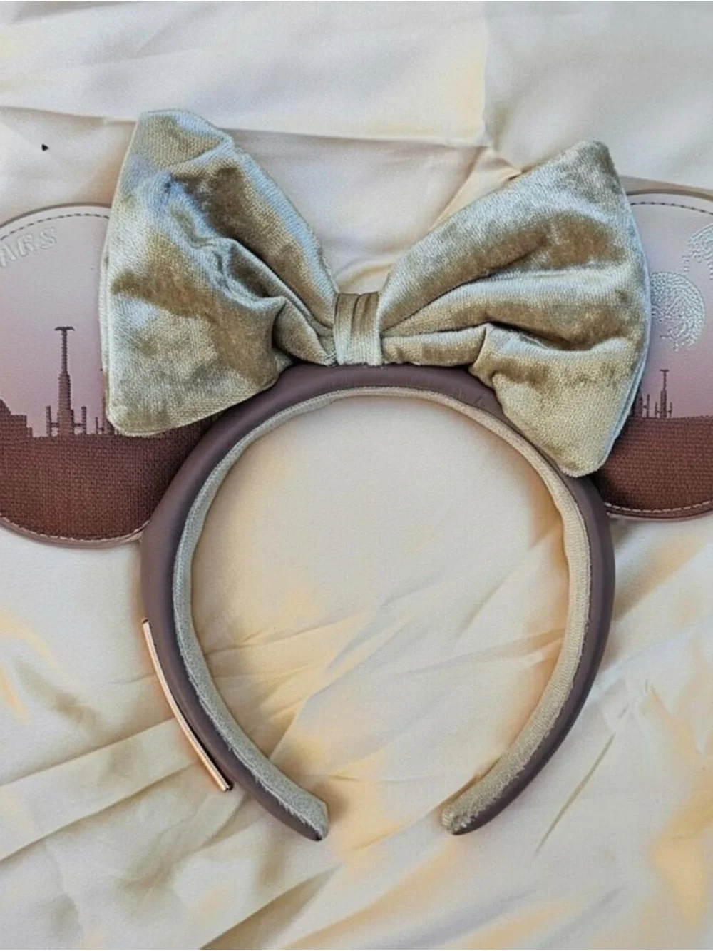 Kids Velvet Bow Mouse Ear Headband in Sage Green
